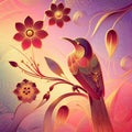 Beautiful golden lines outline red, pink, purple, yellow flowers and bird Royalty Free Stock Photo