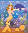 Beautiful golden mermaid girl and dolphin