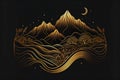 Beautiful golden mountains line art isolated on a black, abstract background