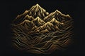 Beautiful golden mountains line art isolated on a black, abstract background