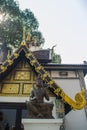 Beautiful golden pattern on gable end in Burmese style Buddhist church at Wat Chedi Luang, Chiang Mai, Thailand. Many of the regio Royalty Free Stock Photo