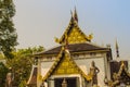 Beautiful golden pattern on gable end in Burmese style Buddhist church at Wat Chedi Luang, Chiang Mai, Thailand. Many of the regio Royalty Free Stock Photo