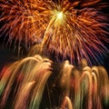 beautiful golden and red waterfall firework display set for celebration happy new year and merry christmas and  fireworks on black Royalty Free Stock Photo