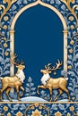 The beautiful golden reindeers in a christmas design, with muted wedgwood blue background, seamless pattern, reapeating pattern