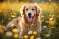 Beautiful Golden Retriever dog at the flower farm during sunsets. AI Generated Image Royalty Free Stock Photo