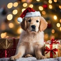 beautiful golden retriever puppy with a red santa claus hat sits under christmas tree with gifts and light blur background Royalty Free Stock Photo