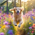 Beautiful Golden Retriever Running Through Bright Flower Meadow