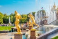 Beautiful golden sculptures in the Grand Cascade fountain in Peterhof