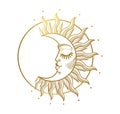 Beautiful golden shining crescent moon with rays and face, Boho illustration, stylized vintage design. Mystical boho Royalty Free Stock Photo