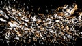 Beautiful golden and silver oil splashes in slow rotation and freeze motion, seamless loop. Animation. Exploded liquid