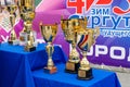 Beautiful Golden sports trophies on the podium Royalty Free Stock Photo