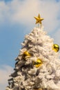 Beautiful Golden star on top of the outdoor white chrismas tree Royalty Free Stock Photo