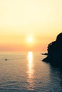 Beautiful golden Sunset at sea and Boat sailing Royalty Free Stock Photo