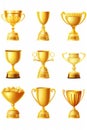 Beautiful golden trophy cups and awards of different shape realistic set isolated on white background Royalty Free Stock Photo
