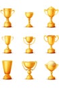 Beautiful golden trophy cups and awards of different shape realistic set isolated on white background Royalty Free Stock Photo