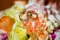 Beautiful golden wedding rings on the tender flowers Royalty Free Stock Photo