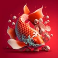 Beautiful goldfish on red background. 3d rendering. Illustration.