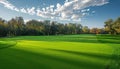 A beautiful golf course featuring trees in the background, under a blue sky adorned with clouds Royalty Free Stock Photo
