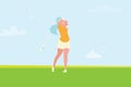 Beautiful golf girl. Female golfer. Sport game Tournament.