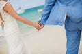 Beautiful gorgeous bride and stylish groom holding hands, on the background of a sea. Royalty Free Stock Photo