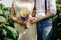 Beautiful gorgeous bride and stylish handsome groom, rustic coup Royalty Free Stock Photo