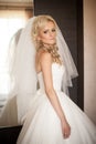 beautiful gorgeous stylish blonde bride in the morning in the room