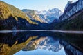 Beautiful Gosausee lake landscape with Dachstein mountains, forest, clouds and reflections in the water in Austrian Alps Royalty Free Stock Photo