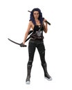 Beautiful goth girl standing in urban fantasy outfit with two swords and looking at camera. 3D illustration isolated on white Royalty Free Stock Photo