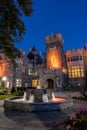 Beautiful Gothic Revival style mansion and fountain at dusk. Toronto