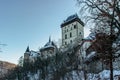 Beautiful gothic Royal Karlstejn castle in winter with snow,Czech Republic.Founded by Charles IV.There are Czech crown jewels, Royalty Free Stock Photo