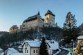 Beautiful gothic Royal Karlstejn Castle in winter with snow,Czech Republic.Founded by Charles IV.There are Czech crown jewels, Royalty Free Stock Photo