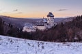 Beautiful gothic Royal Karlstejn Castle in winter with snow,Czech Republic.Founded by Charles IV.There are Czech crown jewels, Royalty Free Stock Photo