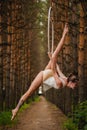 Beautiful and graceful aerial gymnast does exercises on the ring