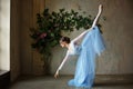 Beautiful graceful girl ballerina in blue dress dancing in point Royalty Free Stock Photo