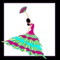 Beautiful graphic Flamenco Dancer colorful dress dancing with fan.  Background white or black Royalty Free Stock Photo
