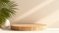 beautiful grain natural shape wooden podium table bamboo palm tree in sunlight, leaf shadow