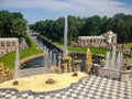 Beautiful Grand Cascade in Peterhof, St. Petersburg. the largest ensemble of the fountain. Summer blue sky. Russia