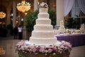 A beautiful, grand white wedding cake sitting on top of a table adorned for a special occasion, An elegant wedding reception with