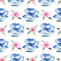 Beautiful graphic lovely artistic tender wonderful blue porcelain china tea cups with lovely pink roses flowers pattern Royalty Free Stock Photo