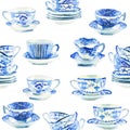 Beautiful graphic lovely artistic tender wonderful blue porcelain china tea cups pattern watercolor Royalty Free Stock Photo