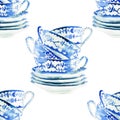 Beautiful graphic lovely artistic tender wonderful blue porcelain china tea cups pattern watercolor hand illustration Royalty Free Stock Photo