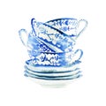 Beautiful graphic lovely artistic tender wonderful blue porcelain china tea cups pattern watercolor hand illustration