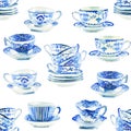 Beautiful graphic lovely artistic tender wonderful blue porcelain china tea cups pattern watercolor hand illustration Royalty Free Stock Photo