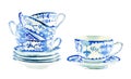 Beautiful graphic lovely artistic tender wonderful blue porcelain china tea cups pattern watercolor hand illustration