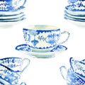 Beautiful graphic lovely artistic tender wonderful blue porcelain china tea cups pattern watercolor hand illustration Royalty Free Stock Photo