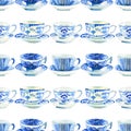 Beautiful graphic lovely artistic tender wonderful blue porcelain china tea cups pattern watercolor hand illustration Royalty Free Stock Photo