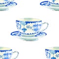 Beautiful graphic lovely artistic tender wonderful blue porcelain china tea cups pattern watercolor hand illustration Royalty Free Stock Photo