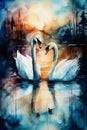 graphics two swans in love on the lake during sunset Royalty Free Stock Photo