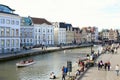 Beautiful Graslei along the river in Belgian medieval city of Ghent