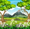 Beautiful Grass Field Landscape View With Trees, Flower, And Mountain Range Cartoon Royalty Free Stock Photo